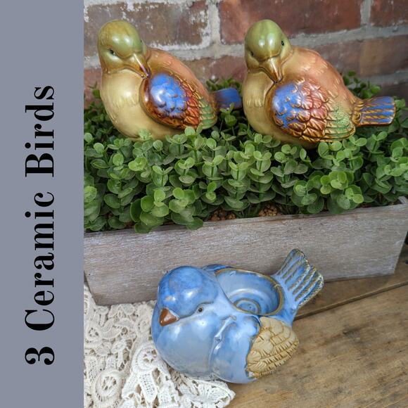 Set of 3 Glazed Ceramic Birds 2 multicolor 1 blue votive/tea light candle holder - Picture 1 of 8